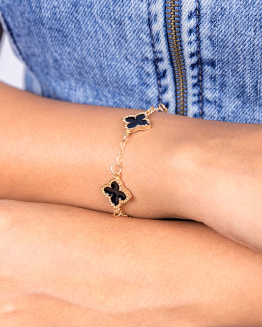 Gold Four-Leaf Clover Black Bracelet