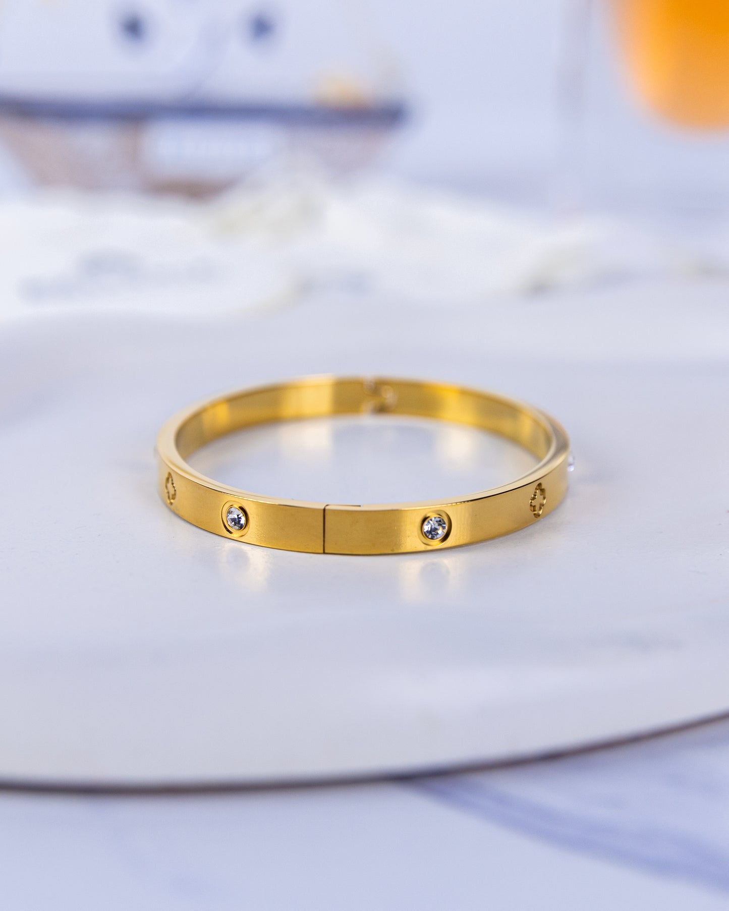 Gold Plated Four-Leaf Clover Diamonds Bangle