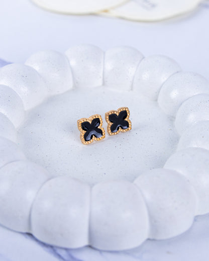 Gold Four-Leaf Clover Black Earrings
