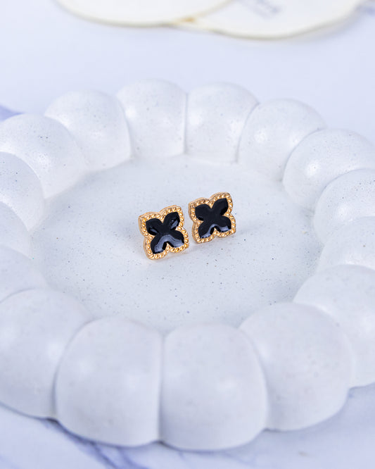 Gold Four-Leaf Clover Black Earrings