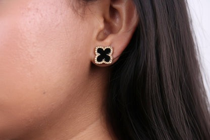 Gold Four-Leaf Clover Black Earrings