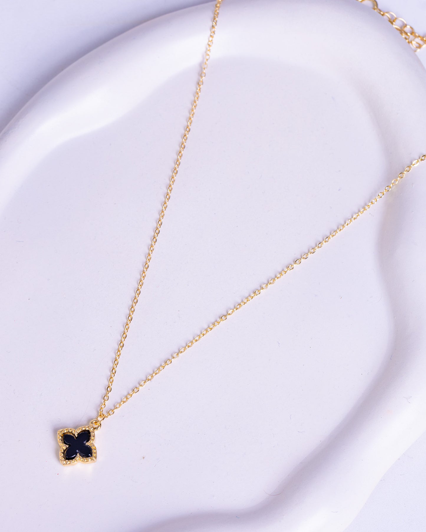 Gold Plated Black Four Leaf Clover Necklace