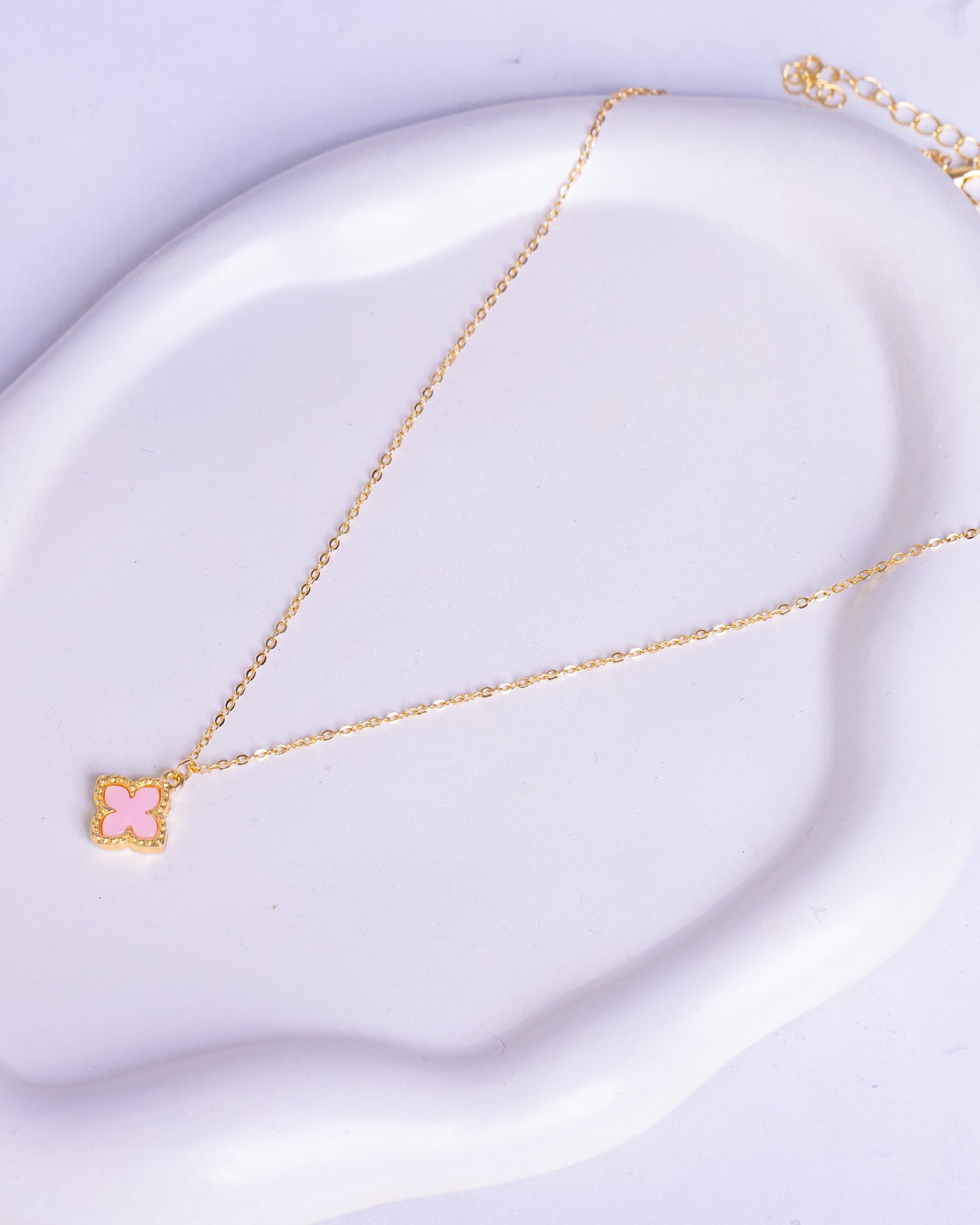 Gold Plated Pink Four Leaf Clover Necklace