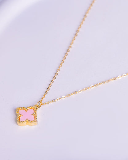 Gold Plated Pink Four Leaf Clover Necklace