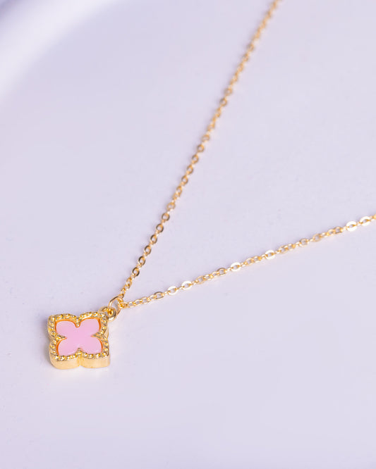 Gold Plated Pink Four Leaf Clover Necklace